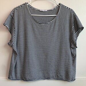 Zara Trafaluc Black & White Striped Cropped Short Sleeve Shirt